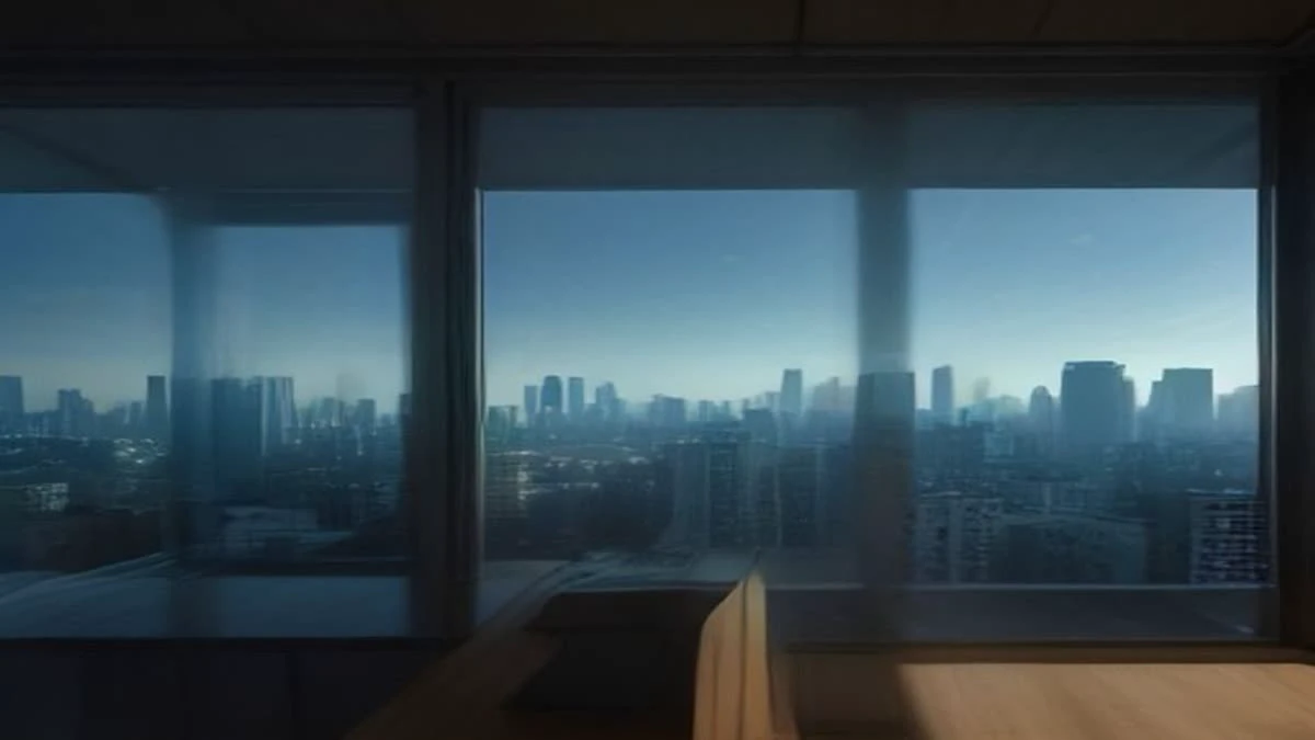 Illustration: medium shot of a panoramic city skyline seen through an office window, subtle blue tones