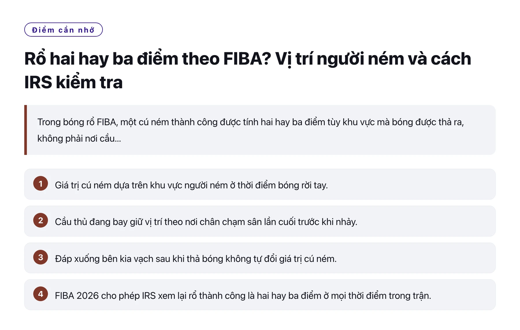 Rổ hai hay ba điểm theo FIBA? Vị trí người ném và cách IRS kiểm tra——全文要点速览